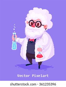 Pixel art. Funny  illustration of old scientist. Cartoon character. Isolated vector illustration.