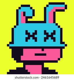 Pixel art funny man, hat with bunny ears, male character 8-bit, 80-s, avatar, guy face, cartoon vector icon, game user, web profile persons, people, social net portrait. 