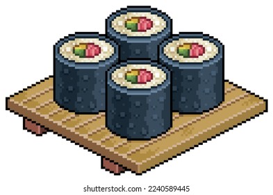 Pixel art futomaki, tekka maki on wooden board for sushi vector icon for 8bit game on white background

