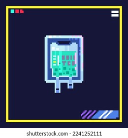 Pixel art futuristic bubble tea illustration. 8bit cyberpunk style icon of container with cyber drink. Vector 80s retro game sticker with pack with liquid beverage.