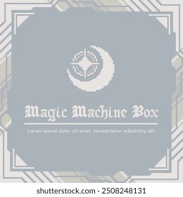 Pixel Art Futuristic Fantasy Style Snow Grey Industrial Border Frame with moon Symbol Template
