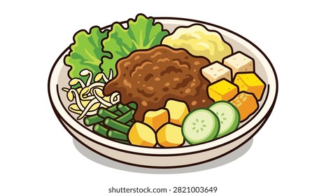 Pixel art gado gado salad with peanut sauce and fresh vegetables in ceramic bowl