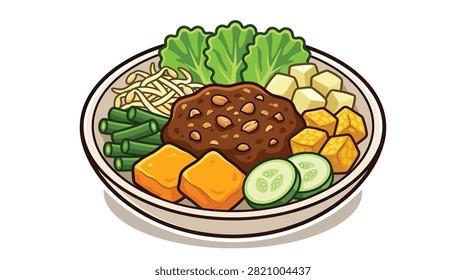 Pixel art gado gado salad with peanut sauce and fresh vegetables in a bowl