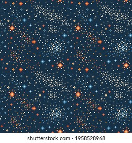 Pixel art galaxy seamless pattern. Outer space with Milky way, star constellations and planets in outer-space. 8 bit background design with interstellar space in cosmos for fabric and prints.