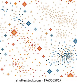 Pixelkunstgalaxie nahtloses Muster. Außenraum mit Milchstraße, Sternkonstellationen und Planeten im Weltraum. 8-Bit-Hintergrunddesign mit interstellarem Raum in Kosmos für Stoff und Drucke.