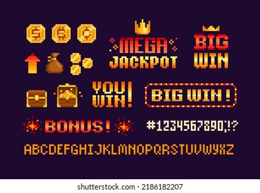 Pixel Art Gambling signs and icons set in retro video game style. Mega Jackpot sign. Pixel Big Win and Bonus sign. Golden Coins, Chest with prize. Gambling 8-bit icons vector illustration