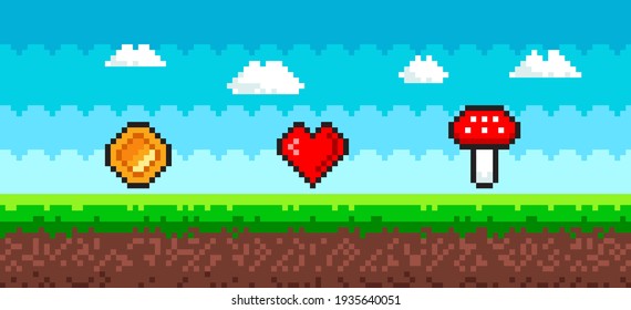 Pixel art game background. 8 bit picture with sky, clouds, ground and grass. Landscape for game or apps. Gaming controller. Vector illustration.