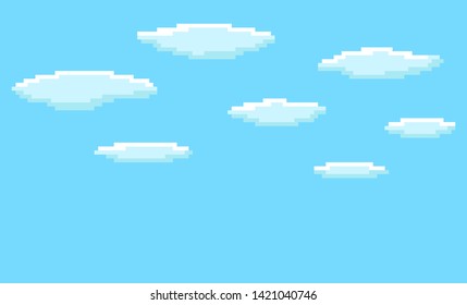 Pixel art game background with blue sky and clouds. 8-bit flat vector illustration. 