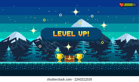 Pixel art game background with button level up. Game design concept in retro style. Vector illustration. Game screen pixel