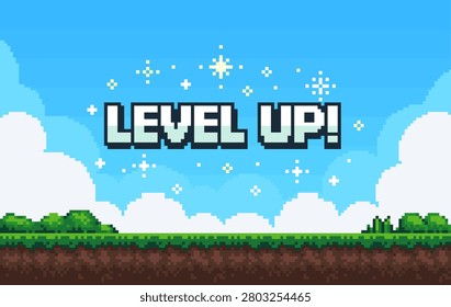 Pixel art game background with button level up. Game design concept in retro style. Vector illustration eps 10