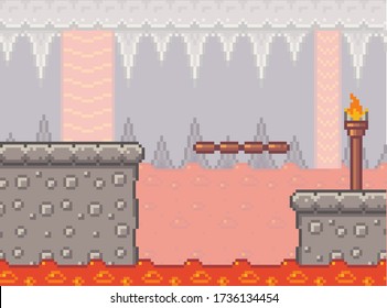 Pixel art game background with cave and lava. Pixel art game scene with concrete plarforms, steps of boards, current river with fire and torch in the cave. Pixel style landscape vector illustration