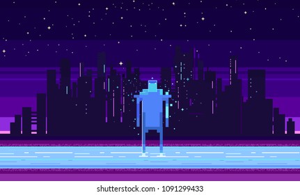 Pixel art game background with character monster, city, river, ice, stars. Cartoon pixel art illustration.