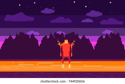 Pixel art game background with character monster, purple sky, clouds, lava, magma, sunset and stars