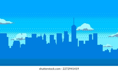 Pixelkunstspielhintergrund mit Silhouette und Wolken. Vektorgrafik.