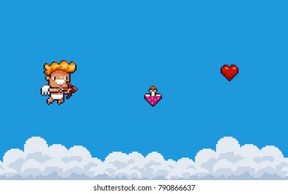 Pixel art game background with clouds, flying Cupid with bow and arrow, love potion and 8bit heart