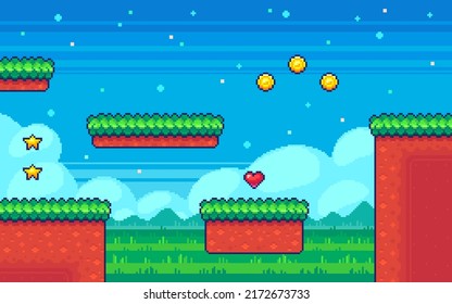 Pixel art game background. Computer game screen with bonus items. 8 bit vector illustration in retro style