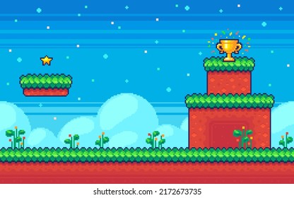 Fondo del juego de arte de Pixel. Pantalla de juego de ordenador con copa ganadora. Ilustración vectorial de 8 bits en estilo retro