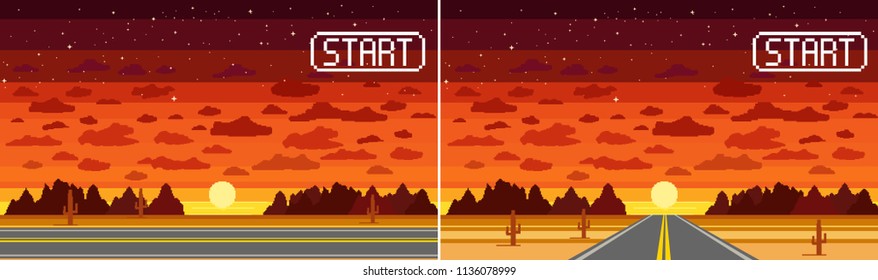 Pixel Art Game Background In Desert With Road, Highway, Ground, Stars, Sky, Clouds, Silhouette Mountain And Sun/  Background For Racing