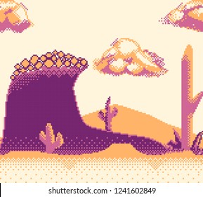 Pixel art game background. Desert landscape. Seamless when docking horizontally.