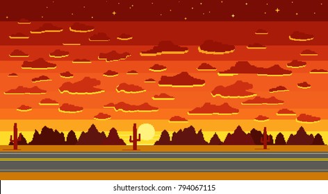 Pixel Art Game Background In Desert With Road, Highway, Ground, Stars, Sky, Clouds, Silhouette Mountain And Sun