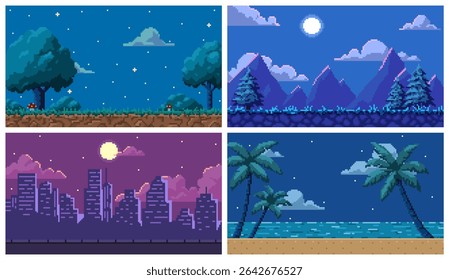 Pixel art game background with full moon light and starry sky vector set. Cartoon pixelated cityscape, palm beach and nature landscape summer night playing scenes for 8 bit arcade video games