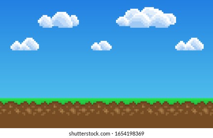Pixel Art Game Background, Grass, Sky And Clouds