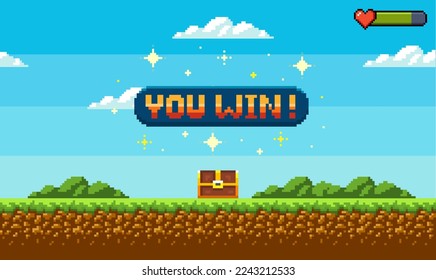 Pixel art game background with grass, sky and you won game 8-bit text. Game screen pixel.