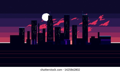 Pixel art game background with ground, sunset, landscape, sky, clouds, silhouette city, stars and moon. Background with gradient. - Vector