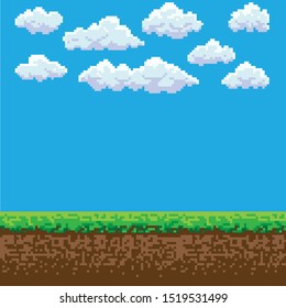 Pixel Art Game Background With Ground, Grass, Sky And Clouds.