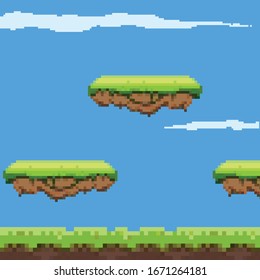 Pixel art game background. Ground, grass, sky and clouds. Pixel art. Game Design. 8 bit. 