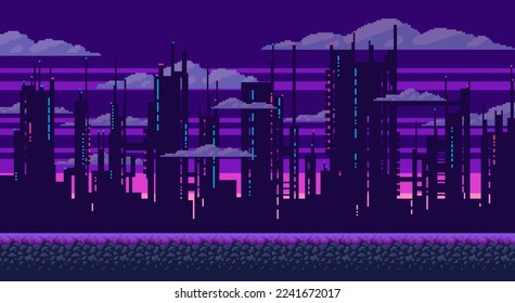 Pixel art game background with ground, sunset, landscape, sky, clouds, silhouette city, stars and moon. Background with gradient