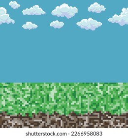 Pixel art game background with ground, sky and clouds.	