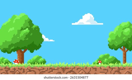 Pixel art game background with ground, grass, trees, fly agaric, blue sky and clouds. Cartoon pixelated summer day landscape for 8 bit arcade video games. Vector nature environment retro playing view