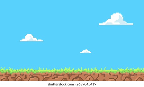 Pixel art game background with ground, grass, blue sky and clouds. Cartoon pixelated summer day landscape scene for retro arcade video games. Retro playing view. Vector 8 bit field nature environment