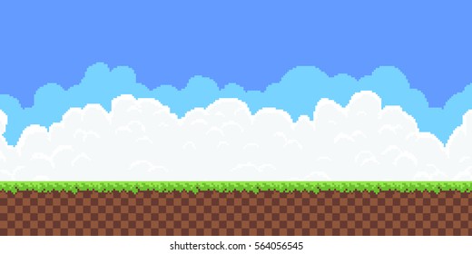 Pixel Art Game Background With Ground, Grass, Sky And Clouds