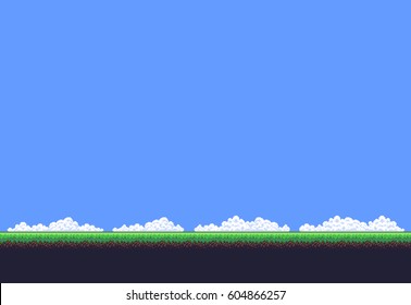 Pixel de fondo de juego de arte con tierra, hierba, cielo y nubes