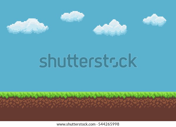 地面 草 空 雲のあるピクセルアートゲームの背景 のベクター画像素材 ロイヤリティフリー