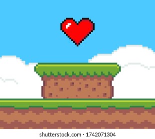 Pixel art game background with heart in the sky. Pixel art game scene with green grass platform stands on the ground against a blue sky and big red heart. Pixel style landscape vector illustration