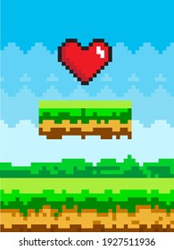 Pixel art game background with heart in the sky. Pixel-game scene with green grass platform above ground against blue sky and big red heart. Pixelated landscape vector for mobile application design