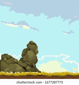 Pixel Art Game Background. Location With Mountains, Planet And Clouds. Landscape For Game Or Application. 8 Bit