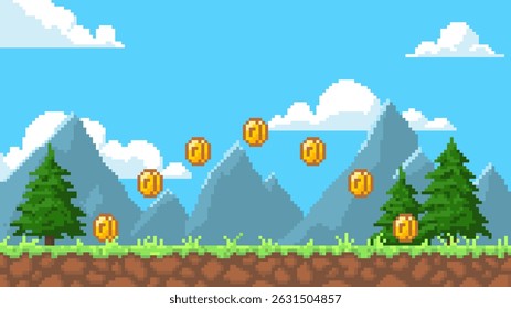 Pixel art game background with mountains, fir trees, blue sky. Cartoon pixelated summer day landscape. 8 bit arcade video game. Vector nature environment playing view and gold coins