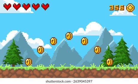 Pixel art game background with mountains, fir trees, blue sky. Cartoon pixelated summer day landscape. 8 bit arcade video game playing. Vector nature environment with lifes and gold coins score level