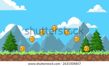 Pixel art game background with mountains, fir trees, blue sky. Cartoon pixelated summer day landscape. 8 bit arcade video game. Vector nature environment playing view and gold coins