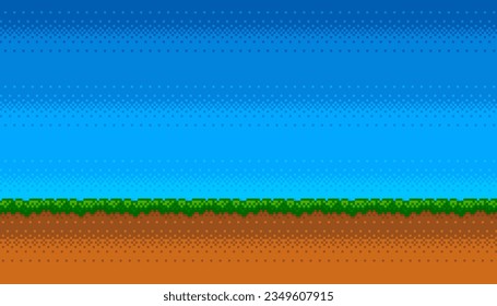 Pixel art game background. Nature landscape scene with green grass and blue sky, pixelated template for computer game or application. Vector illustration.