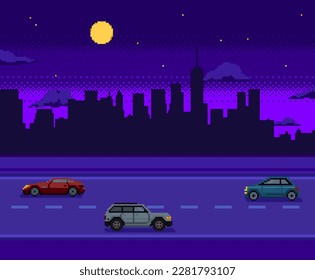 Pixel art game background with night cityscape and cars on the road. City silhouette with moon and stars. Vector illustration.