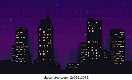 Pixel art game background with night city. Retro video game style illustration of cityscape with high buildings silhouettes with illuminated windows and stars.