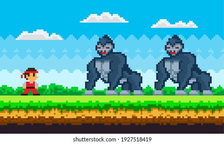 Pixel art game background with ninja warrior fighting with pixelated gorillas. Pixel-game scene with man in red kimono battling big monkeys, Strong animals stand on meadow. Pixel-game 8 bit retro