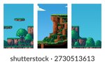 Pixel art game background with platforms, trees, and cliff landscape. Retro video game level design for arcade and adventure games concept.