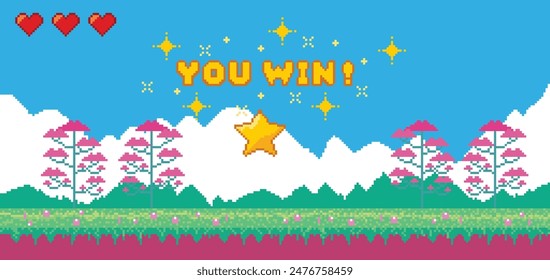 Pixel art game background. Retro 8 bit video game interface with You Win text. Old compute pixel art. Banner of pixel-game. Vector cartoon illustration