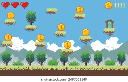 Pixel art game background. Retro 8 bit video game interface. Old compute pixel art. Banner of pixel-game. Vector cartoon illustration